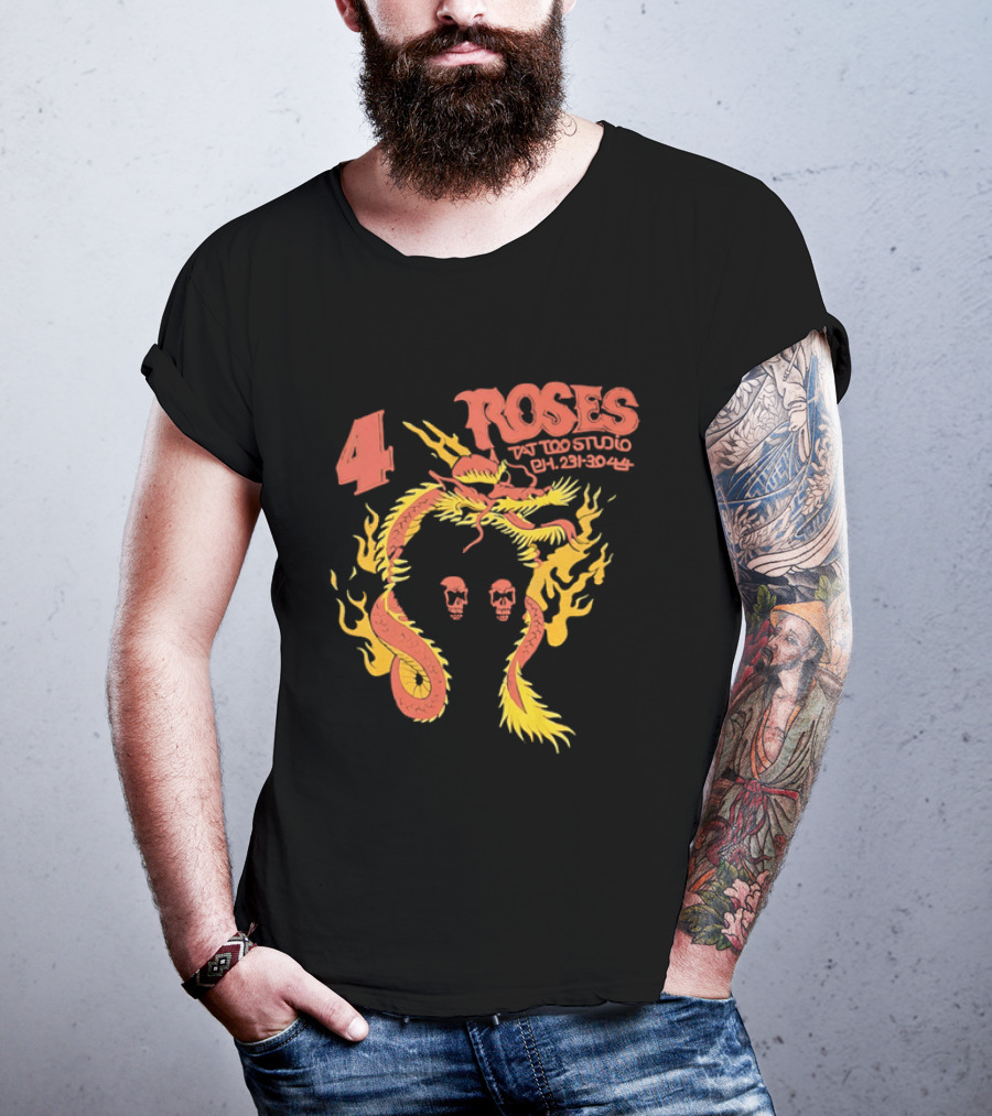 4 Roses Tattoo Studio Ph 231 3044 Dragon Yellow Flames Red Skulls T-Shirt