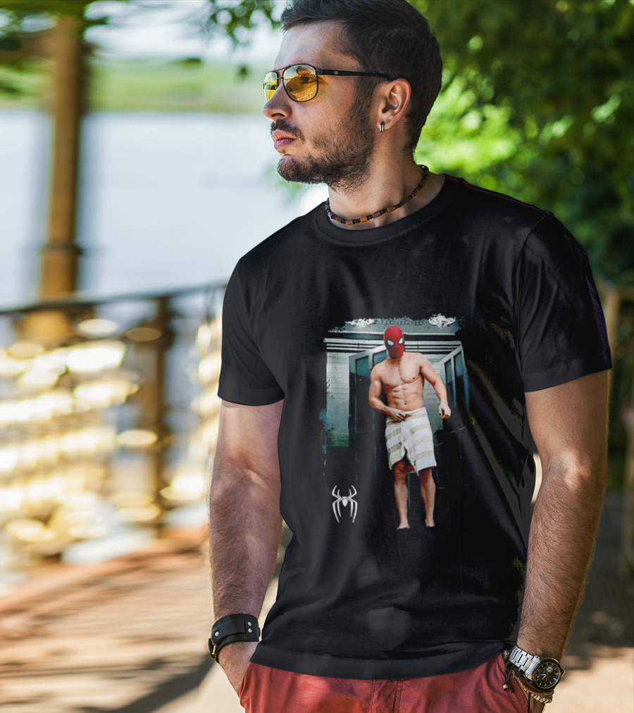 Spider Man Masked Figure In Towel Scene With Iconic White Spider T-Shirt