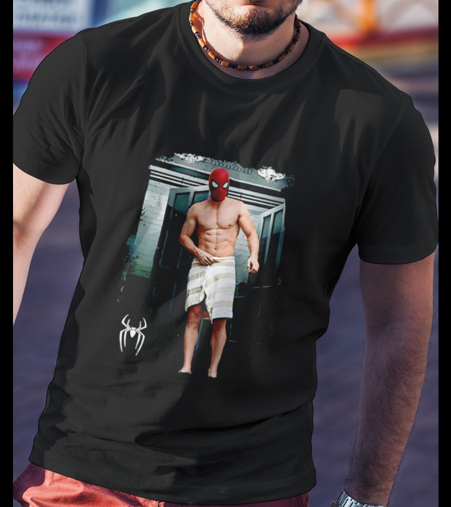Spider Man Masked Figure In Towel Scene With Iconic White Spider T-Shirt