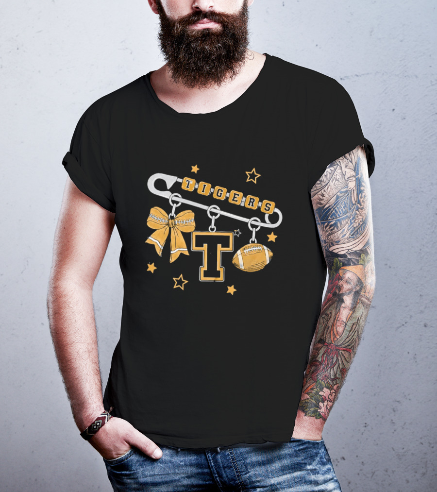Tigers Cheer Bow Safety Pin Varsity Letter Football Charms Stars T-Shirt