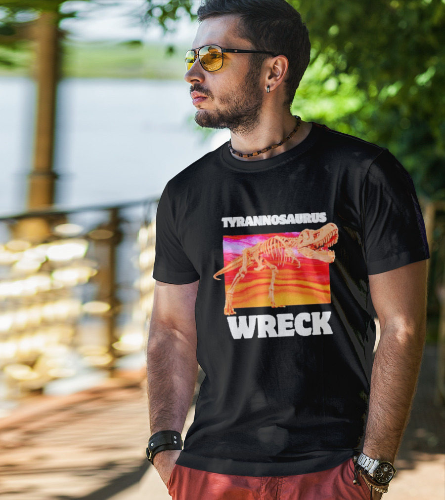 Tyrannosaurus Wreck Dinosaur Pun With Rex Skeleton On Sunset T-Shirt