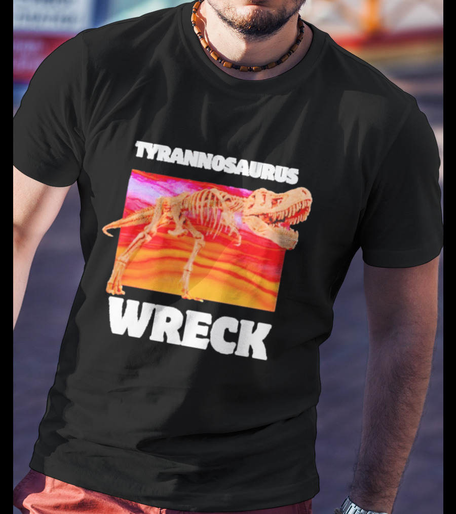 Tyrannosaurus Wreck Dinosaur Pun With Rex Skeleton On Sunset T-Shirt