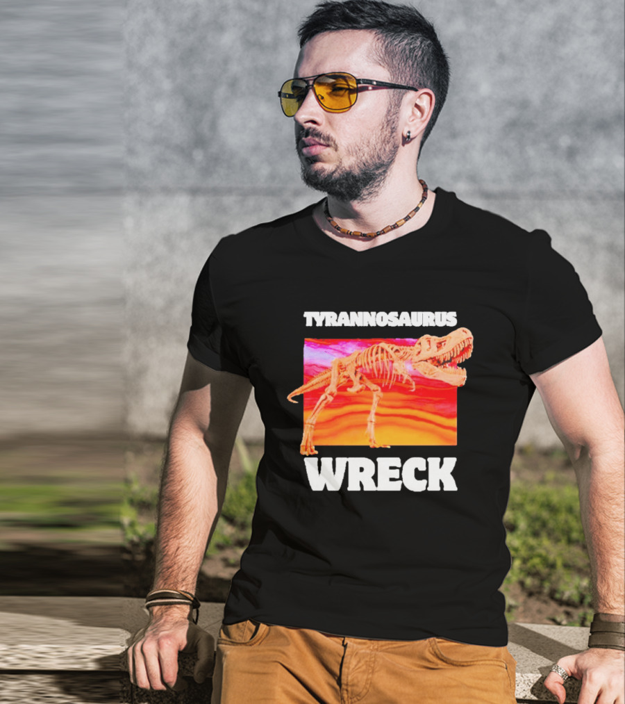 Tyrannosaurus Wreck Dinosaur Pun With Rex Skeleton On Sunset T-Shirt