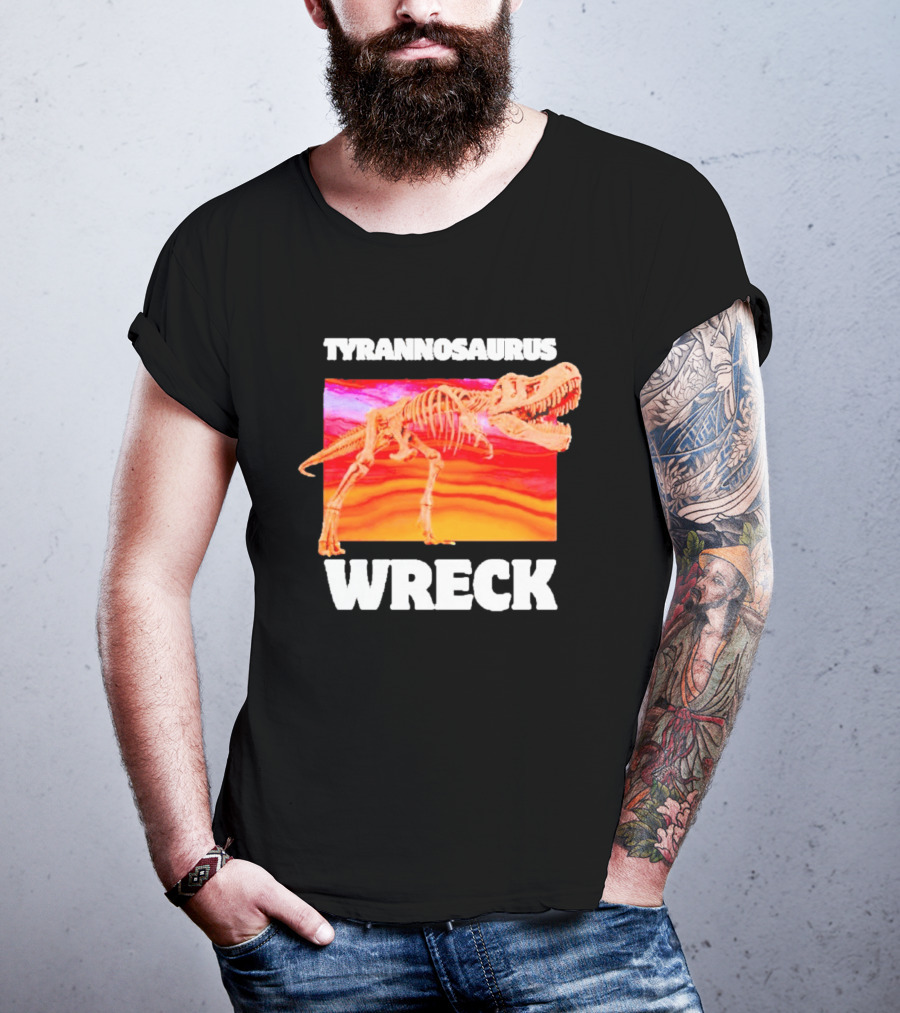Tyrannosaurus Wreck Dinosaur Pun With Rex Skeleton On Sunset T-Shirt