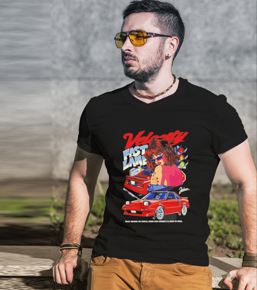 Velocity Fast Lane Blaze Through The Streets Classic Red Cars Retro Vibe T-Shirt