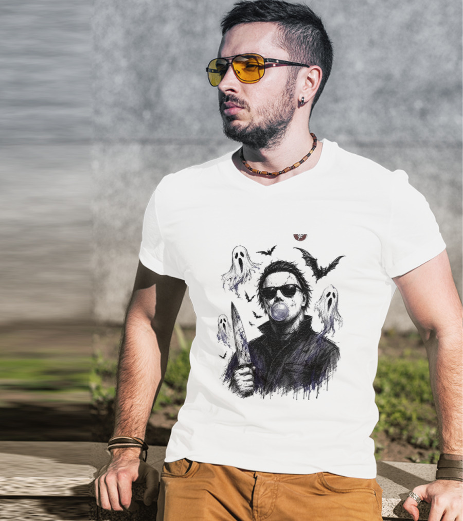 Michael Myers Bubble Gum Slasher Spooky Season Movie Ghosts And Bats T-Shirt