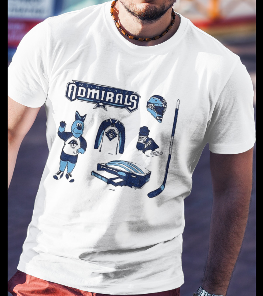 Milwaukee Admirals Hockey Mascot Jersey Helmet Skates Stick Goalie Equipment T-Shirt