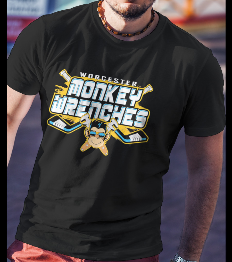 Worcester Monkey Wrenches Hockey Player Monkey With Crossed Wrenches And Hockey Sticks T-Shirt