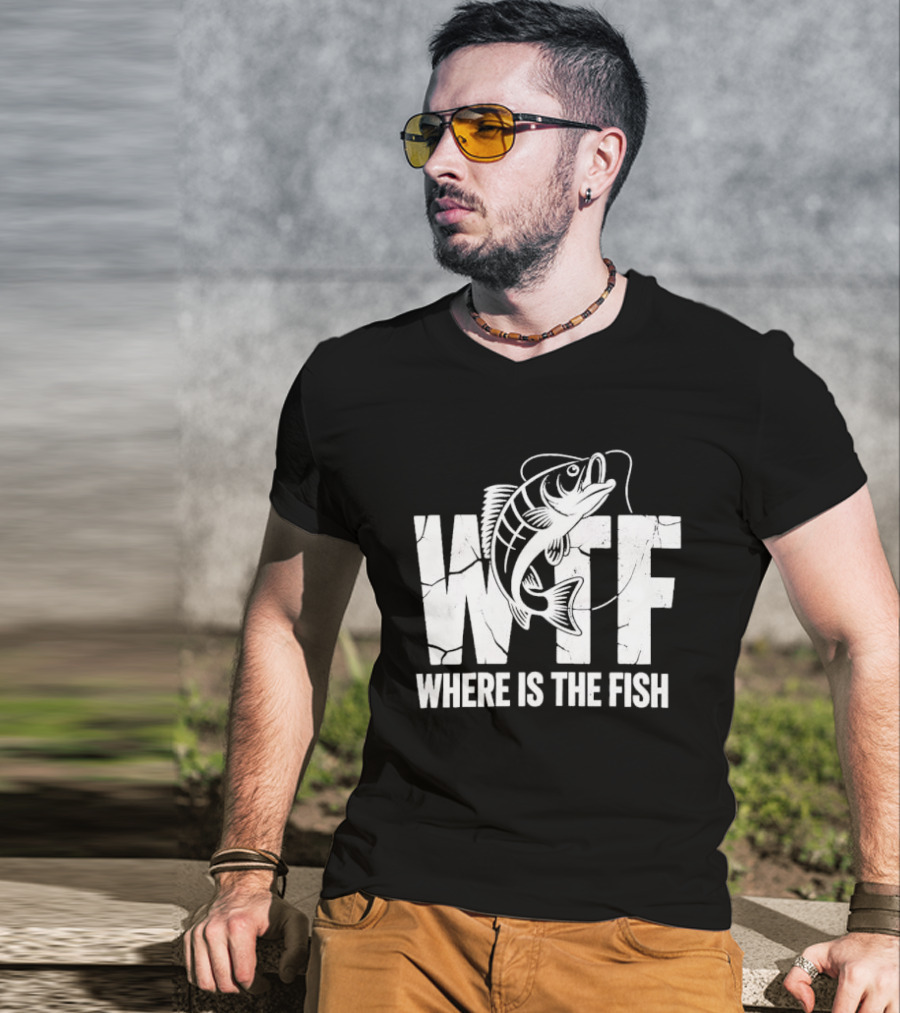 WTF Where Is The Fish Jumping Bass Line Distressed Cracked Fishing Humor T-Shirt