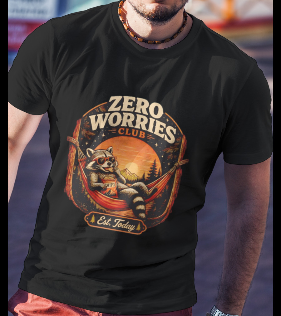 Zero Worries Club Raccoon Relaxing In Hammock Eating Chips At Sunset T-Shirt