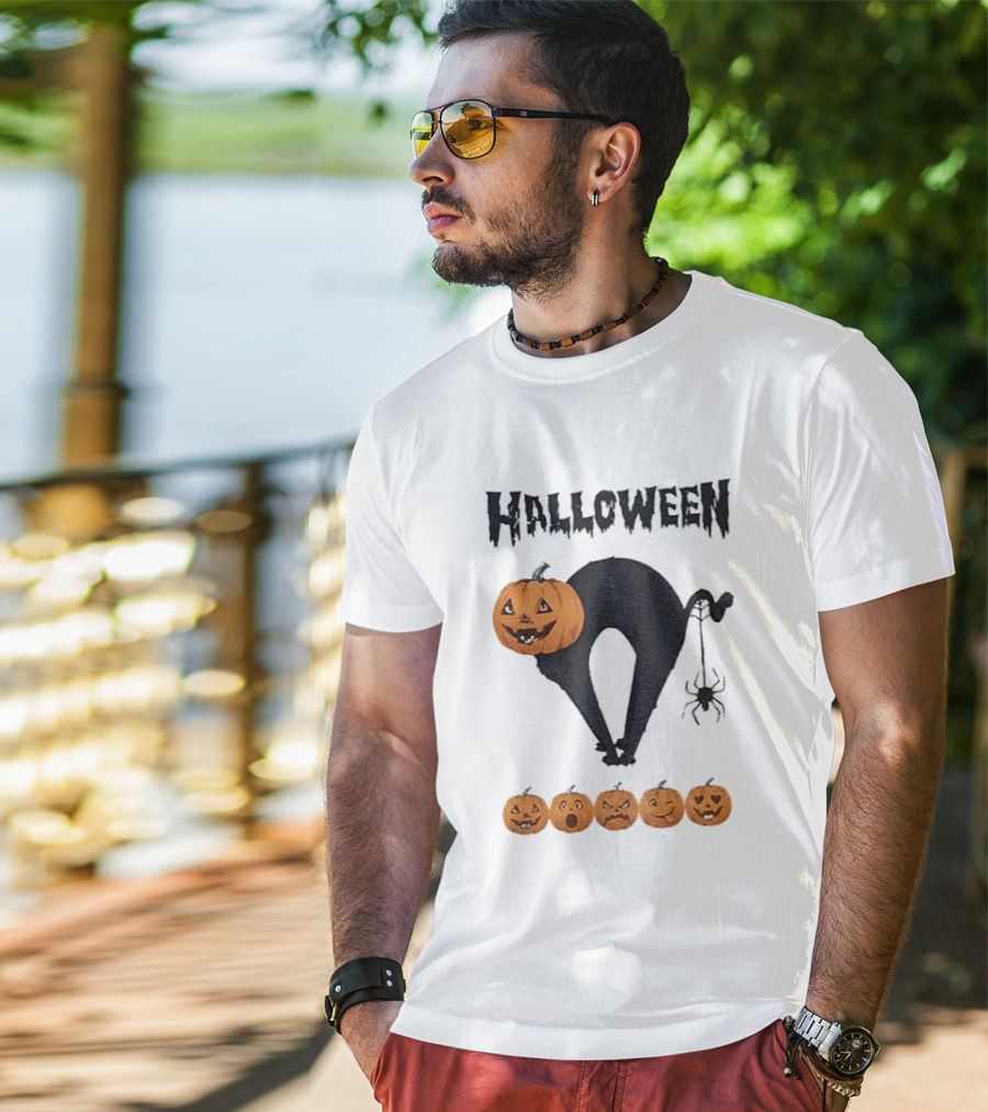 Halloween Pumpkin Cat Black Spider Five Jack O' Lanterns T-Shirt