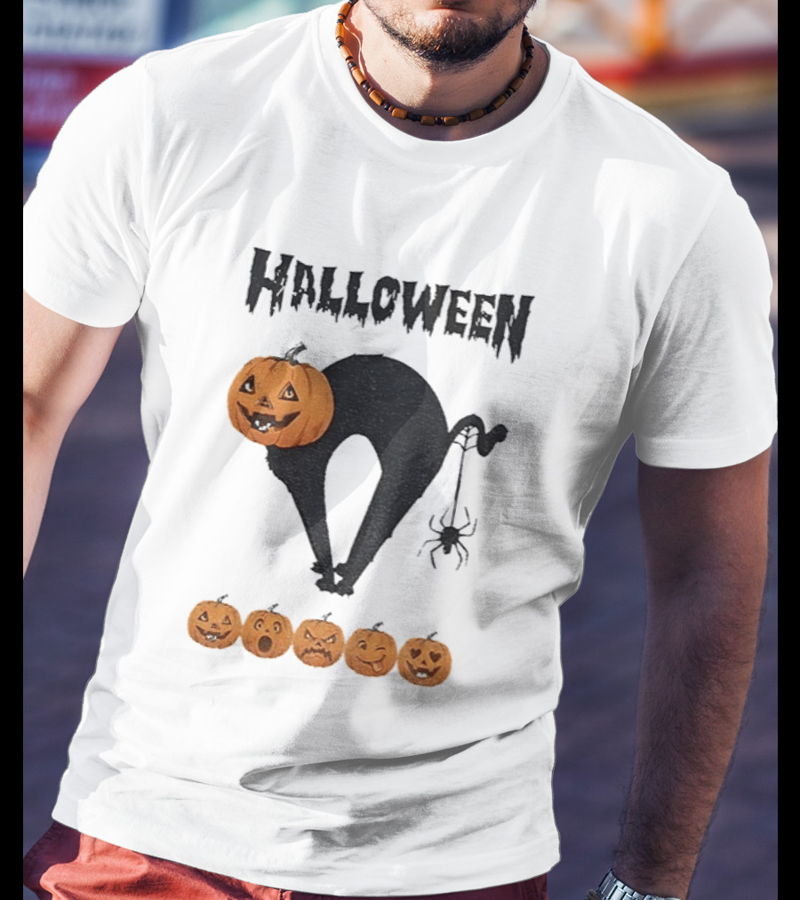 Halloween Pumpkin Cat Black Spider Five Jack O' Lanterns T-Shirt
