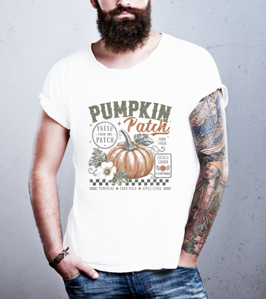 Pumpkin Patch Fresh From Locally Grown Pumpkins Corn Maze Apple Cider Distressed Leaves T-Shirt