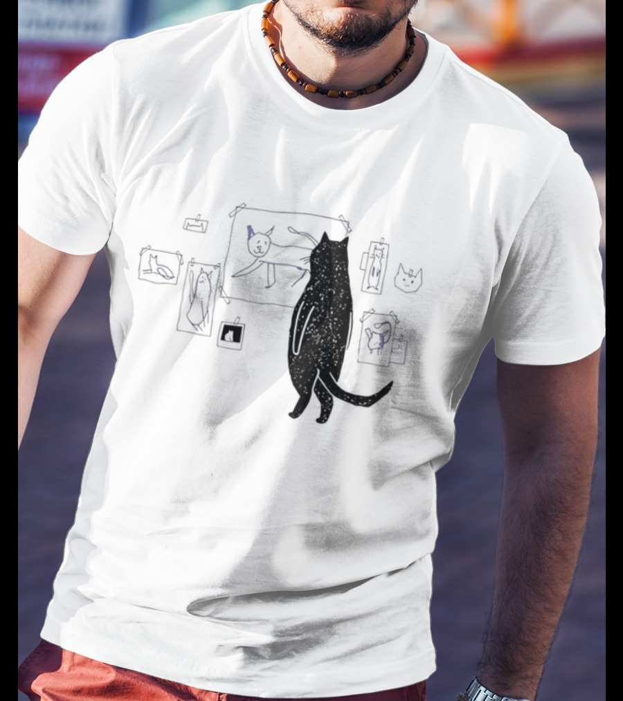 Black Cat Standing Looking At Sketches Line Drawing Wall Gallery T-Shirt