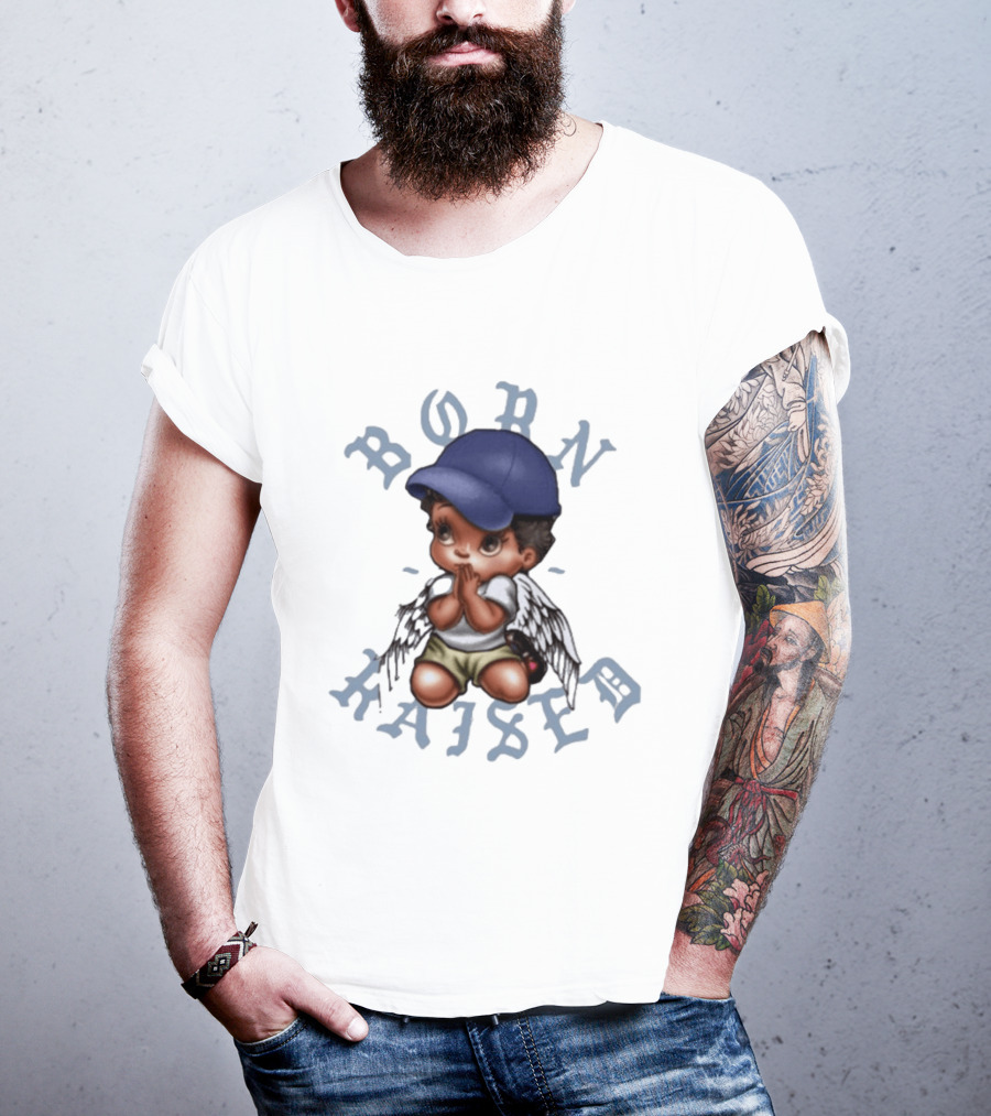 Born X Raised El Angel Cherub Praying With Wings And Cap T-Shirt