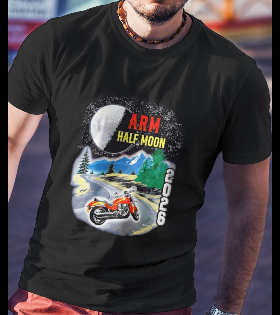 Arm Half Moon 2026 Orange Motorcycle Winding Mountain Road Night Sky T-Shirt
