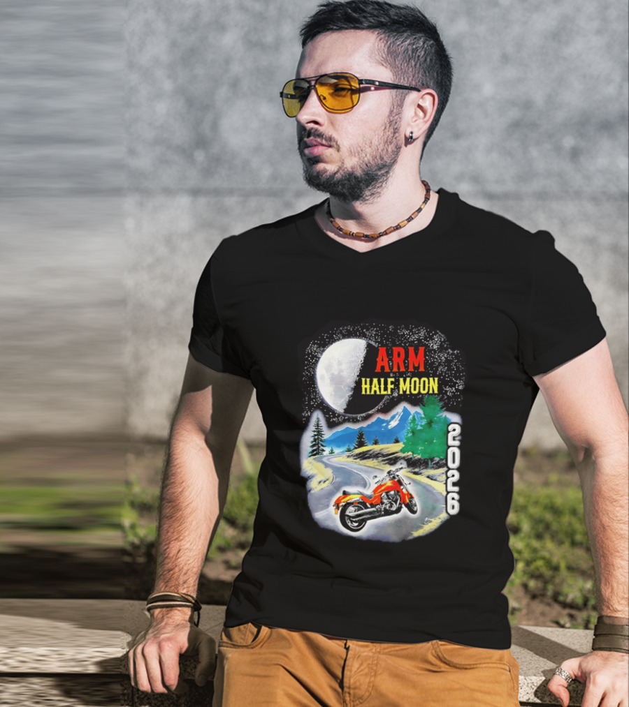 Arm Half Moon 2026 Orange Motorcycle Winding Mountain Road Night Sky T-Shirt
