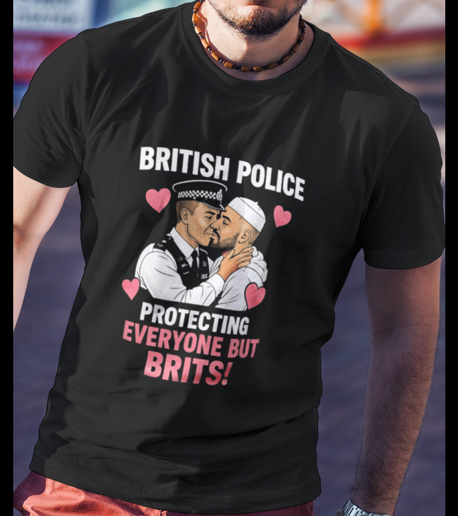 British Police Protecting Everyone But Brits Kissing Illustration With Hearts T-Shirt