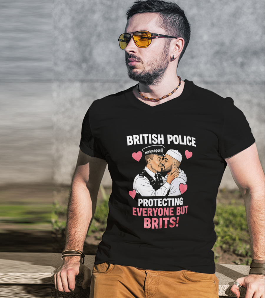 British Police Protecting Everyone But Brits Kissing Illustration With Hearts T-Shirt