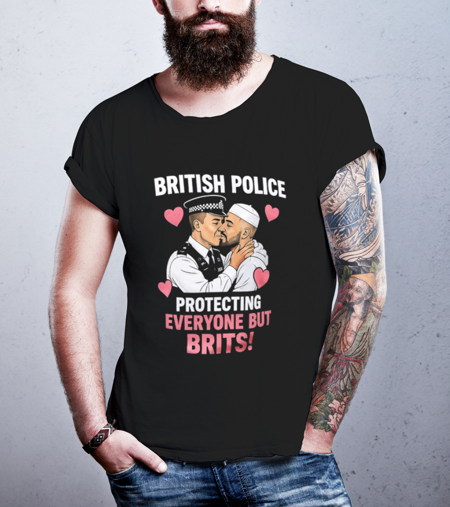 British Police Protecting Everyone But Brits Kissing Illustration With Hearts T-Shirt