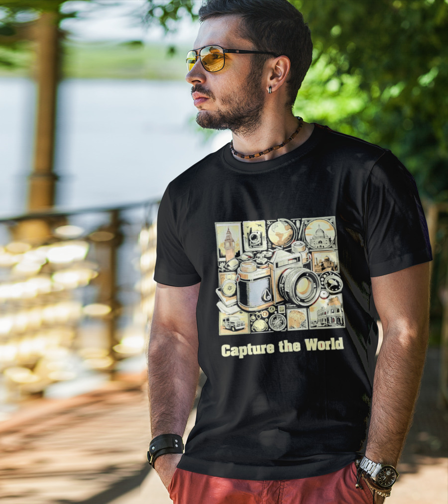 Capture The World Camera Globe Travel Landmarks Compass T-Shirt
