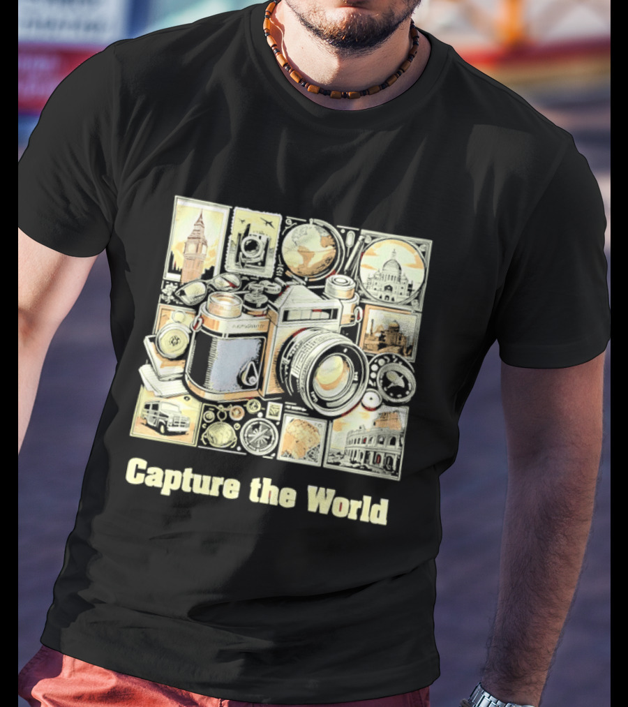 Capture The World Camera Globe Travel Landmarks Compass T-Shirt