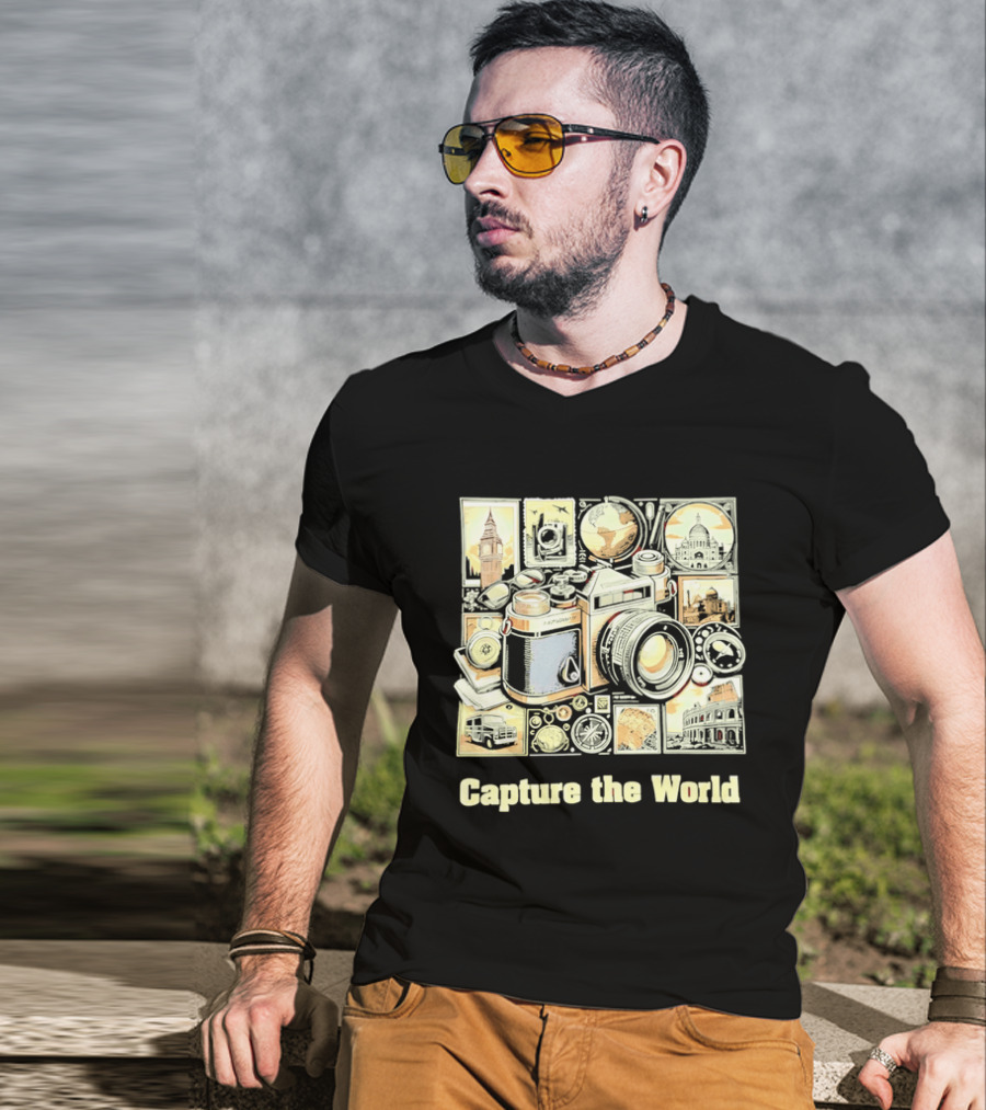 Capture The World Camera Globe Travel Landmarks Compass T-Shirt