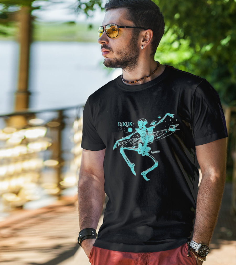 Iykyk August 2026 Cyan Dancing Skeleton With Space Orbit Sketch T-Shirt