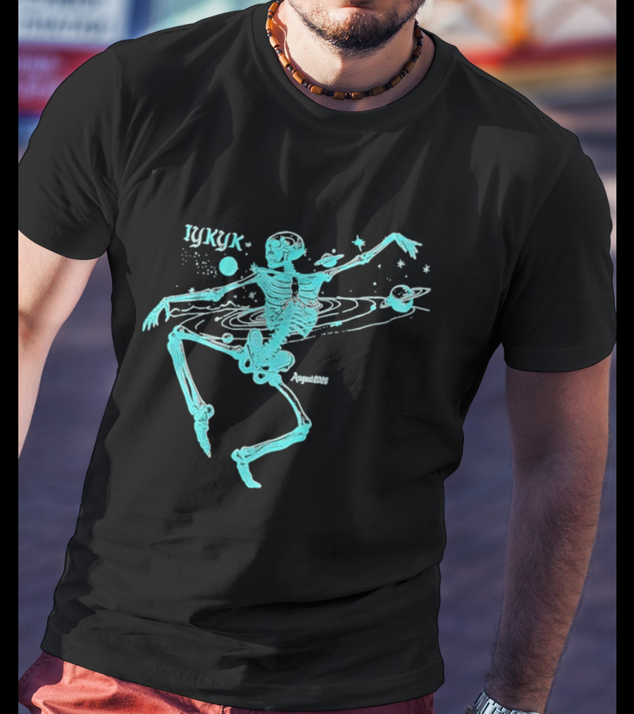 Iykyk August 2026 Cyan Dancing Skeleton With Space Orbit Sketch T-Shirt