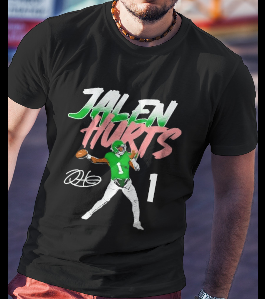 Jalen Hurts Quarterback Throwing Football Jersey Number 1 Signature Green T-Shirt