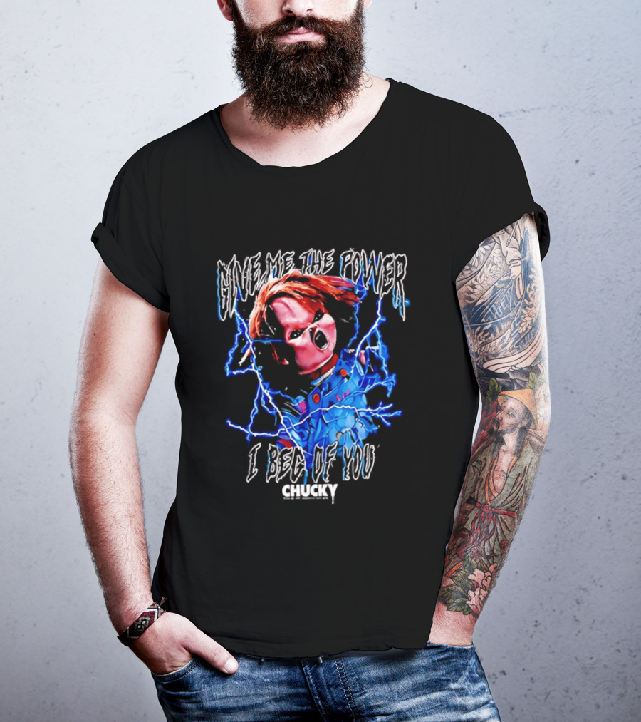Chucky Give Me The Power I Beg Of You Blue Lightning Screaming Doll T-Shirt