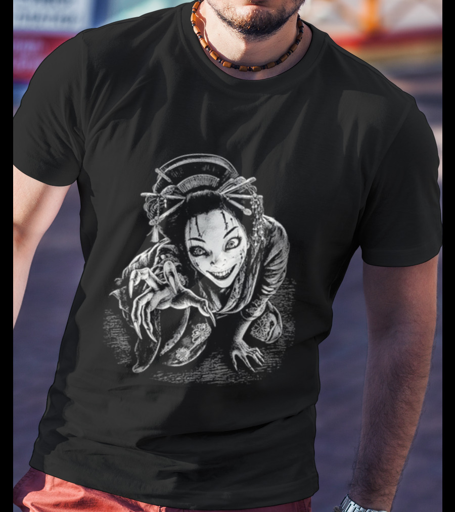 Creepy Demonic Yokai Geisha Crawling Sharp Claws Drawing T-Shirt