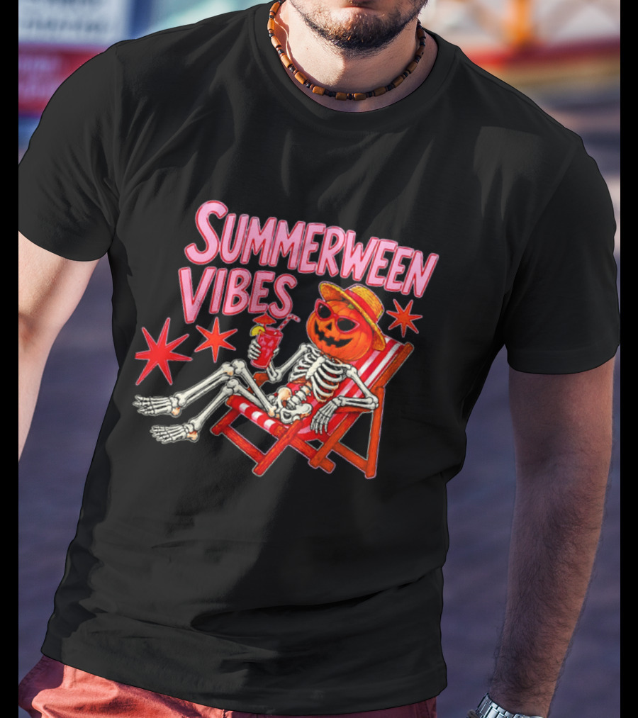 Summerween Vibes Skeleton Pumpkin Sunglasses Lounge Chair Drink T-Shirt