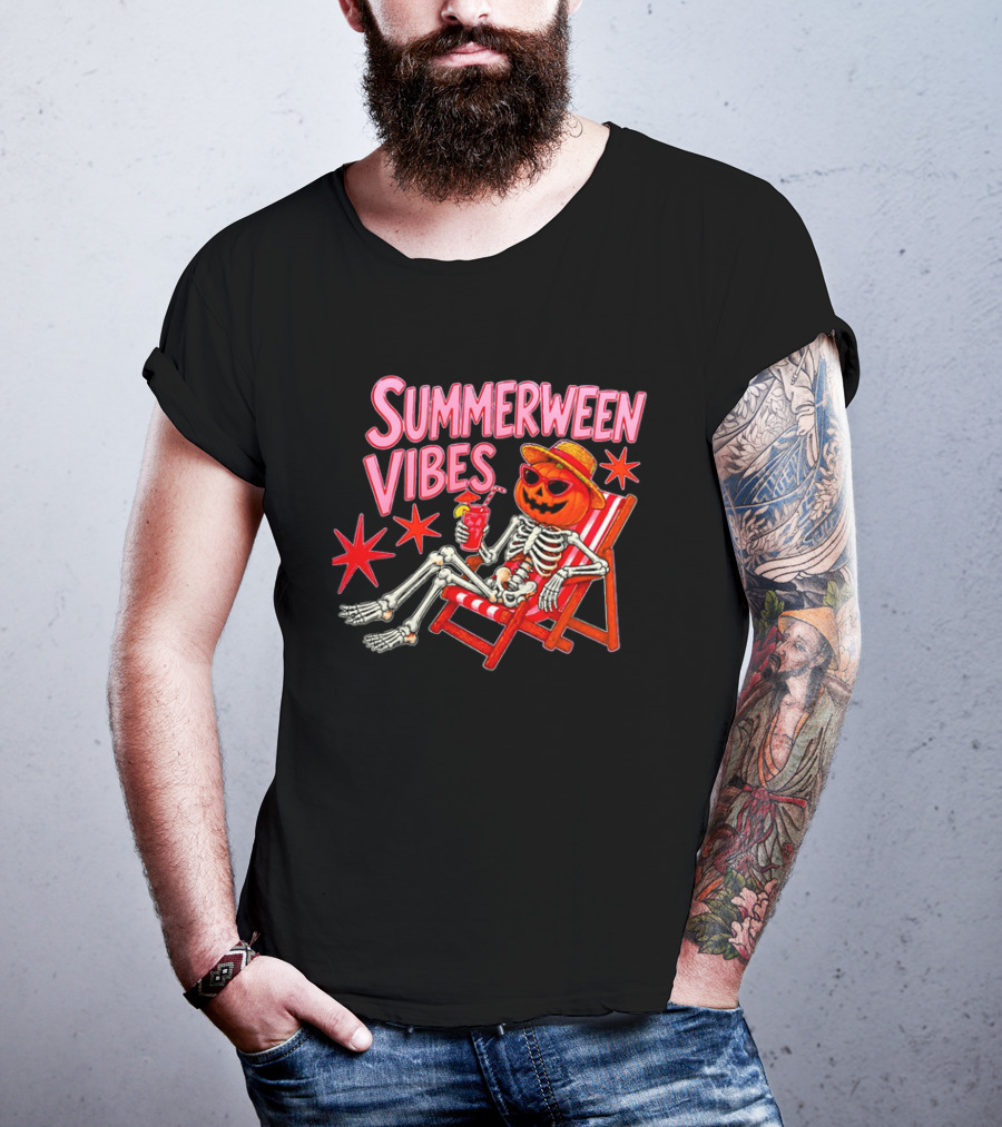 Summerween Vibes Skeleton Pumpkin Sunglasses Lounge Chair Drink T-Shirt