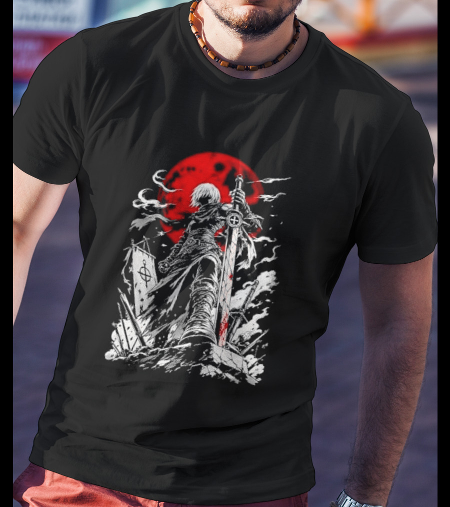 Dark Fantasy Warrior Bloody Sword Red Moon Battlefield Epic Scene T-Shirt