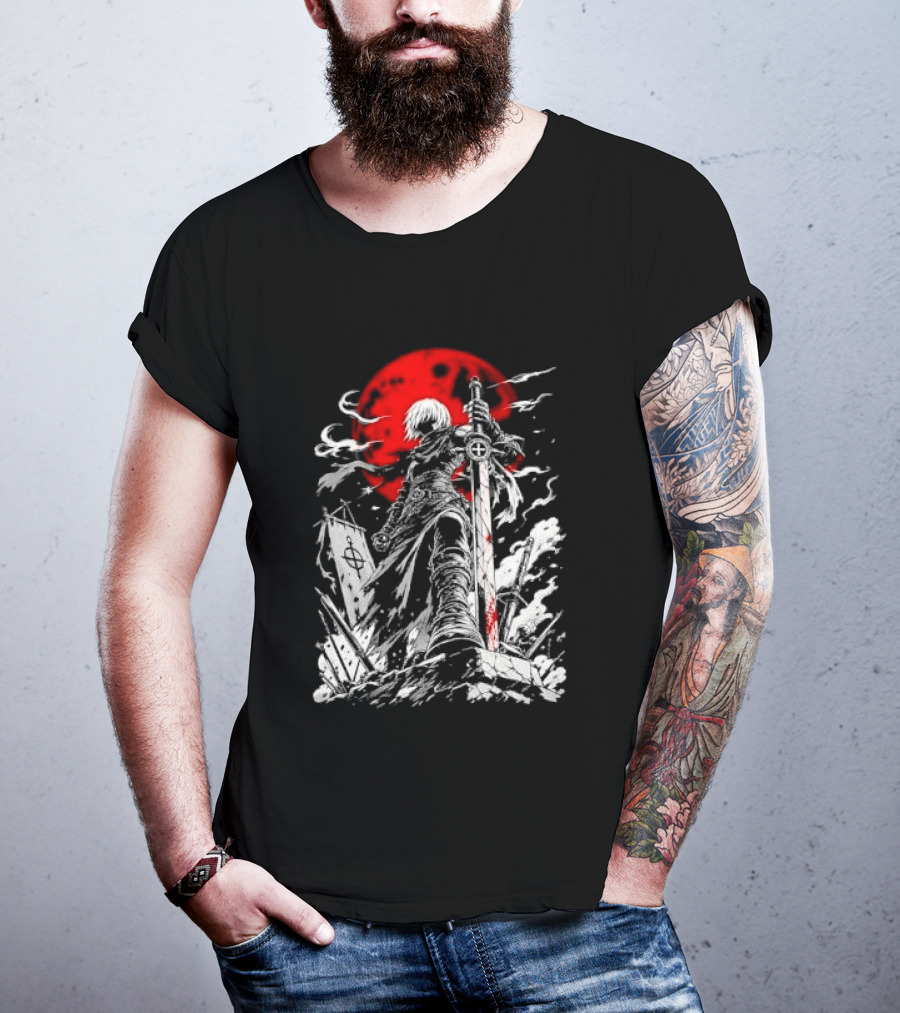 Dark Fantasy Warrior Bloody Sword Red Moon Battlefield Epic Scene T-Shirt