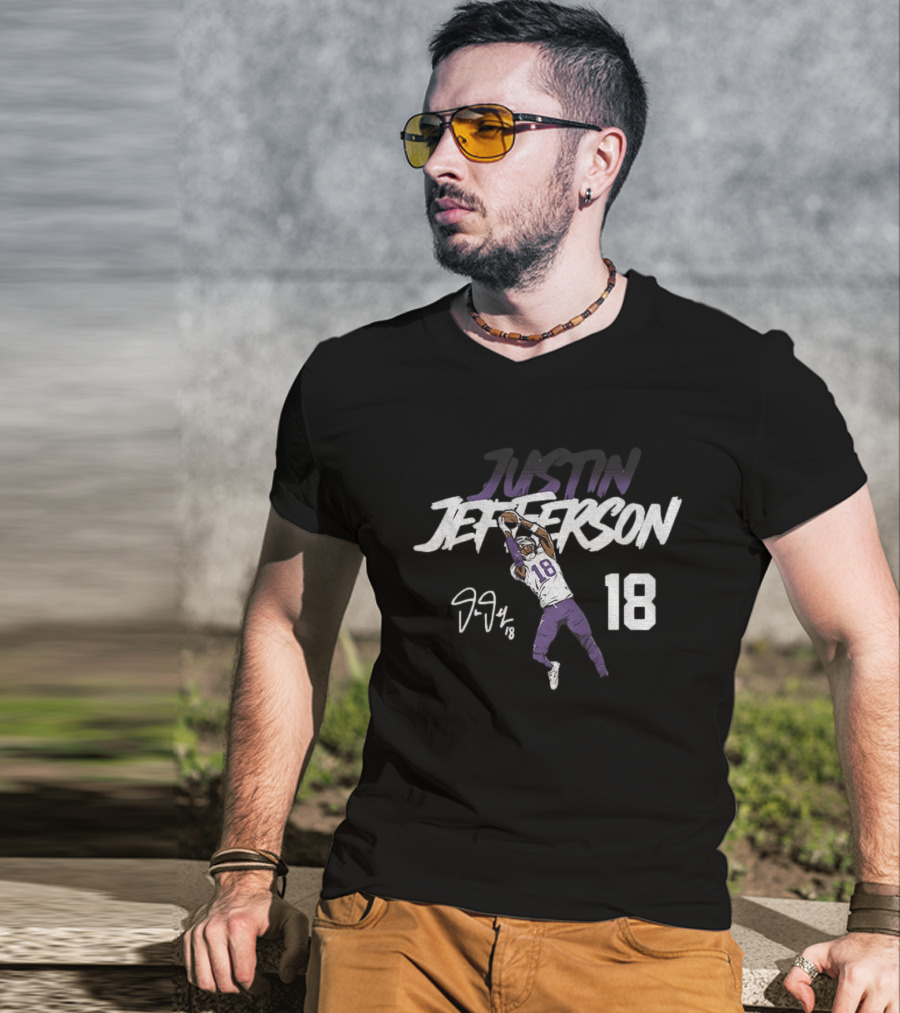 Justin Jefferson 18 Minnesota Vikings Football Star Catch NFL Player Signature T-Shirt