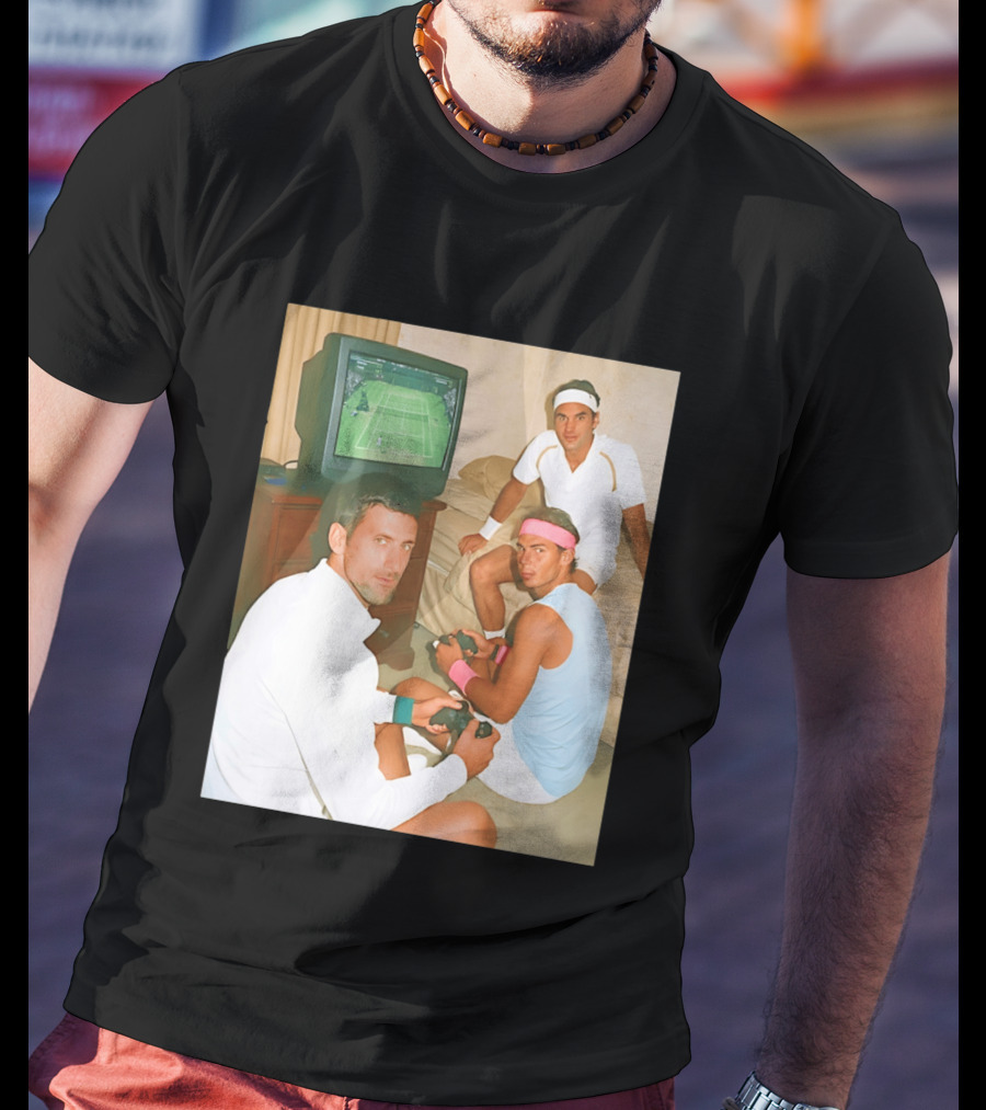 Novak Djokovic Rafael Nadal Roger Federer Playing Tennis Video Game T-Shirt