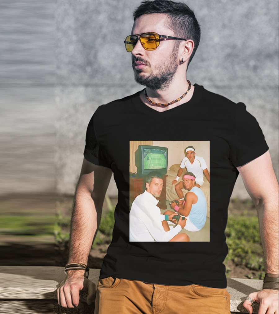 Novak Djokovic Rafael Nadal Roger Federer Playing Tennis Video Game T-Shirt