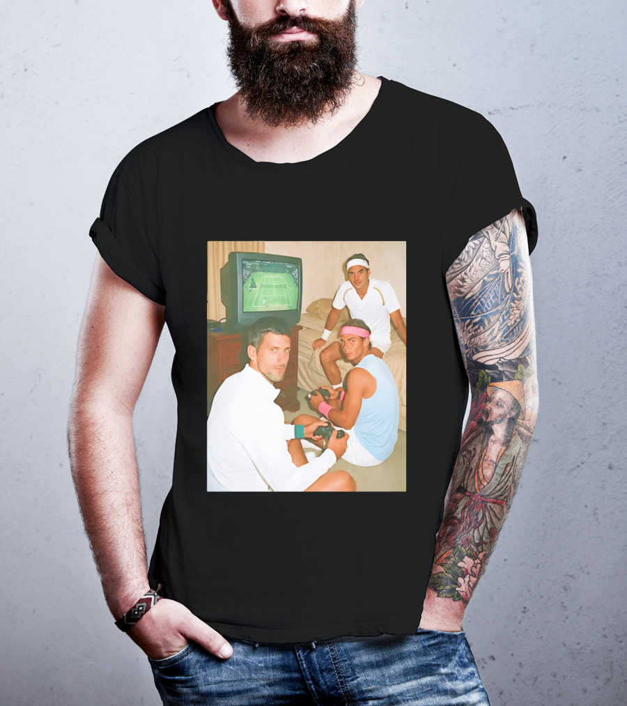 Novak Djokovic Rafael Nadal Roger Federer Playing Tennis Video Game T-Shirt