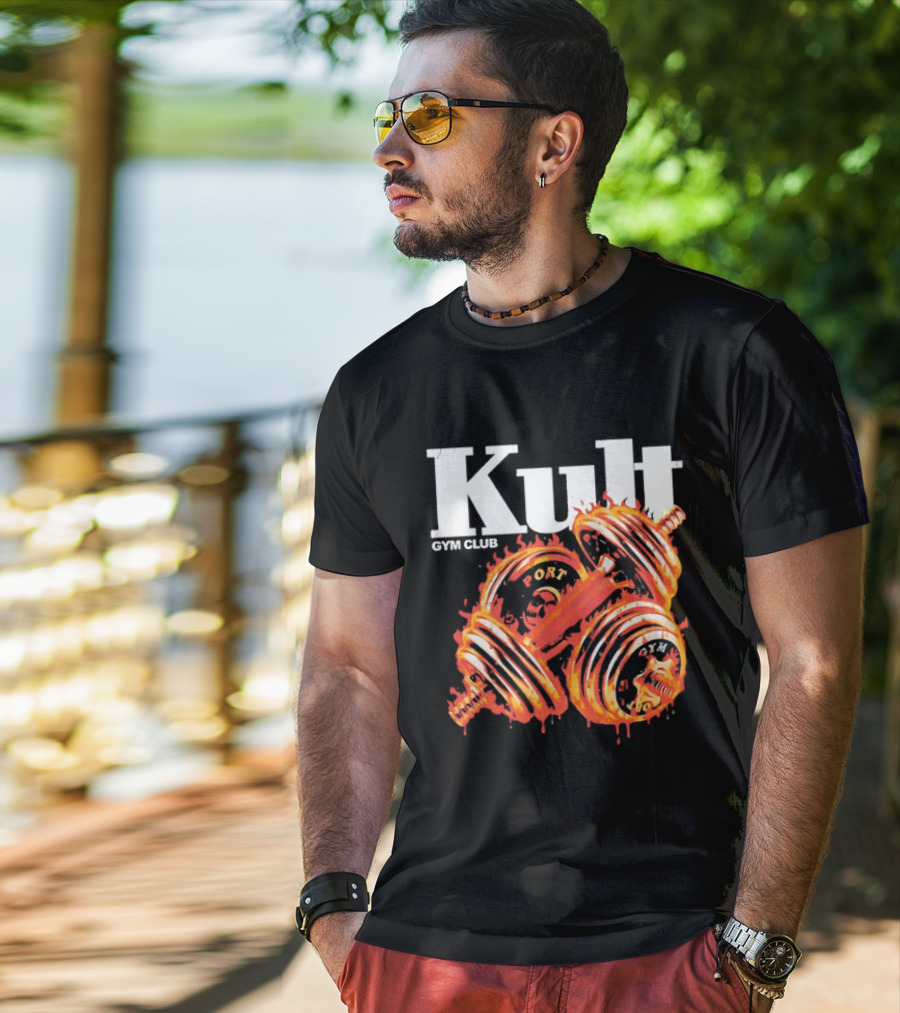 Kult Gym Club Sport Fiery Dumbbells Dripping Lava Distressed T-Shirt