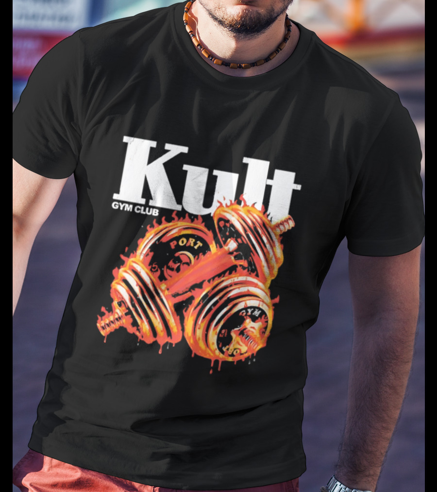 Kult Gym Club Sport Fiery Dumbbells Dripping Lava Distressed T-Shirt