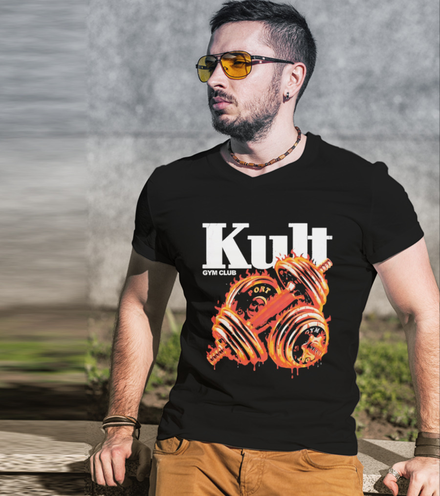 Kult Gym Club Sport Fiery Dumbbells Dripping Lava Distressed T-Shirt
