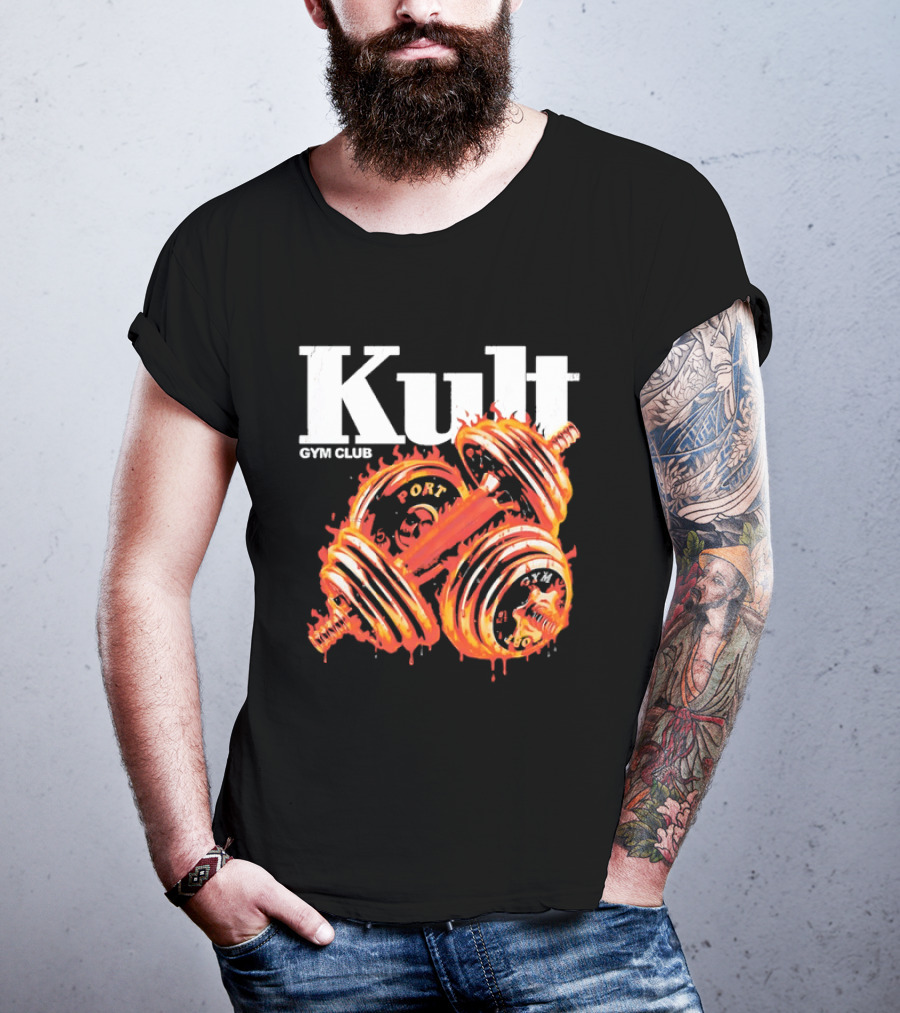 Kult Gym Club Sport Fiery Dumbbells Dripping Lava Distressed T-Shirt