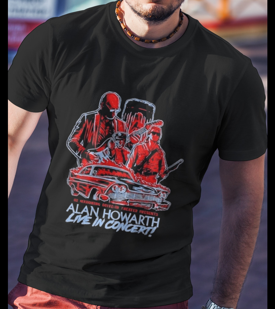 The Mahoning Drive In Theater Presents Alan Howarth Live Concert Horror Characters Flaming Car T-Shirt