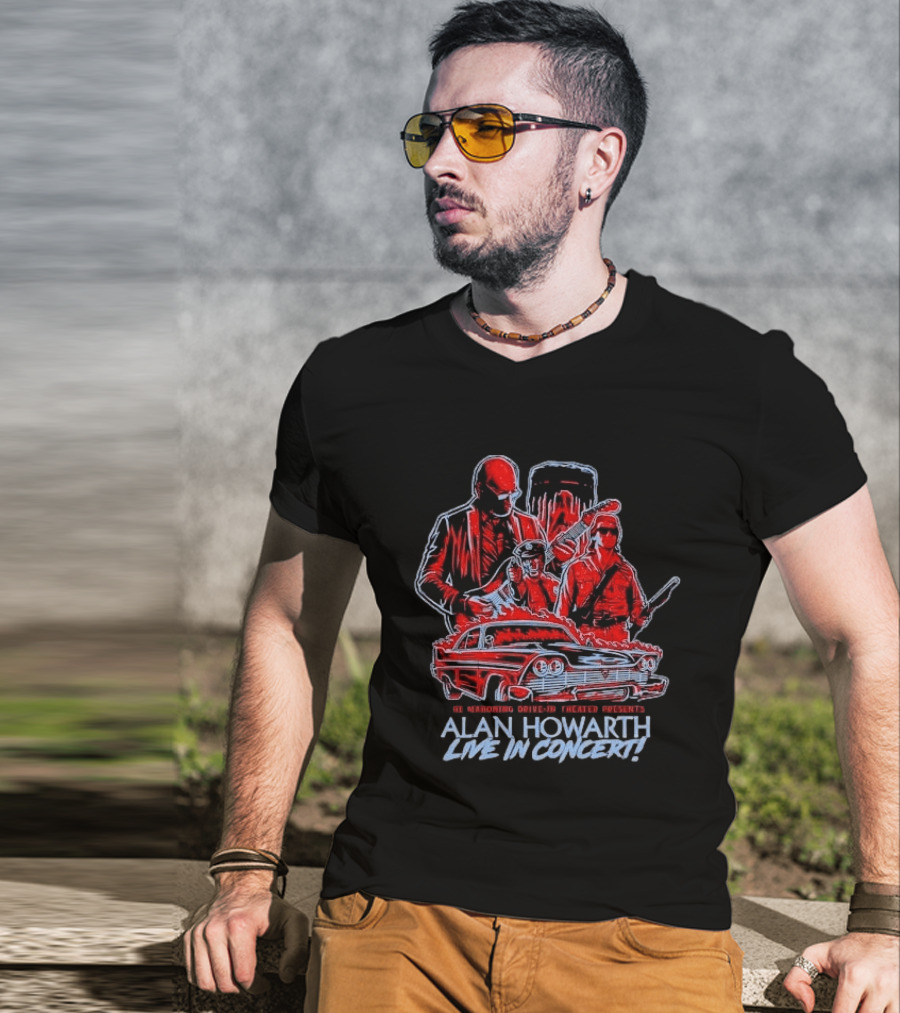 The Mahoning Drive In Theater Presents Alan Howarth Live Concert Horror Characters Flaming Car T-Shirt