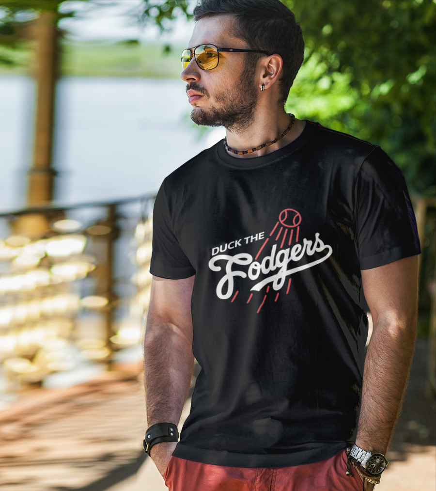 Duck The Fodgers White Script Flying Baseball Red Motion Lines T-Shirt