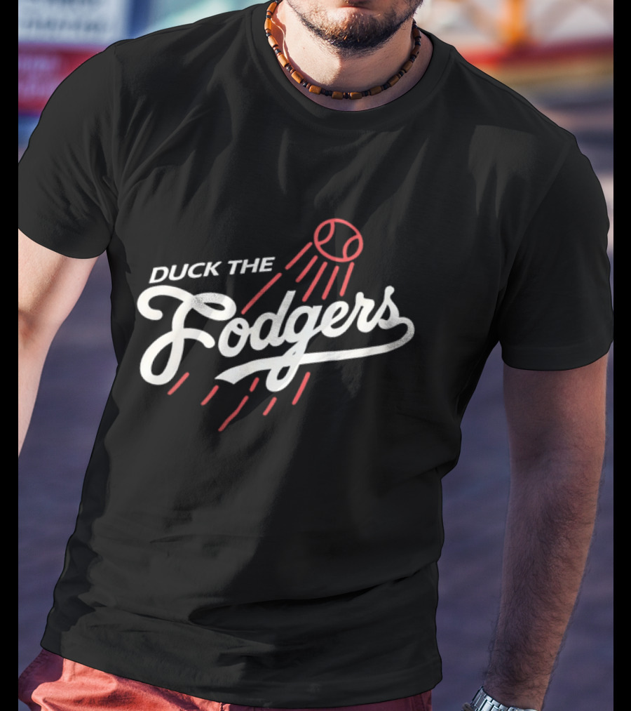Duck The Fodgers White Script Flying Baseball Red Motion Lines T-Shirt