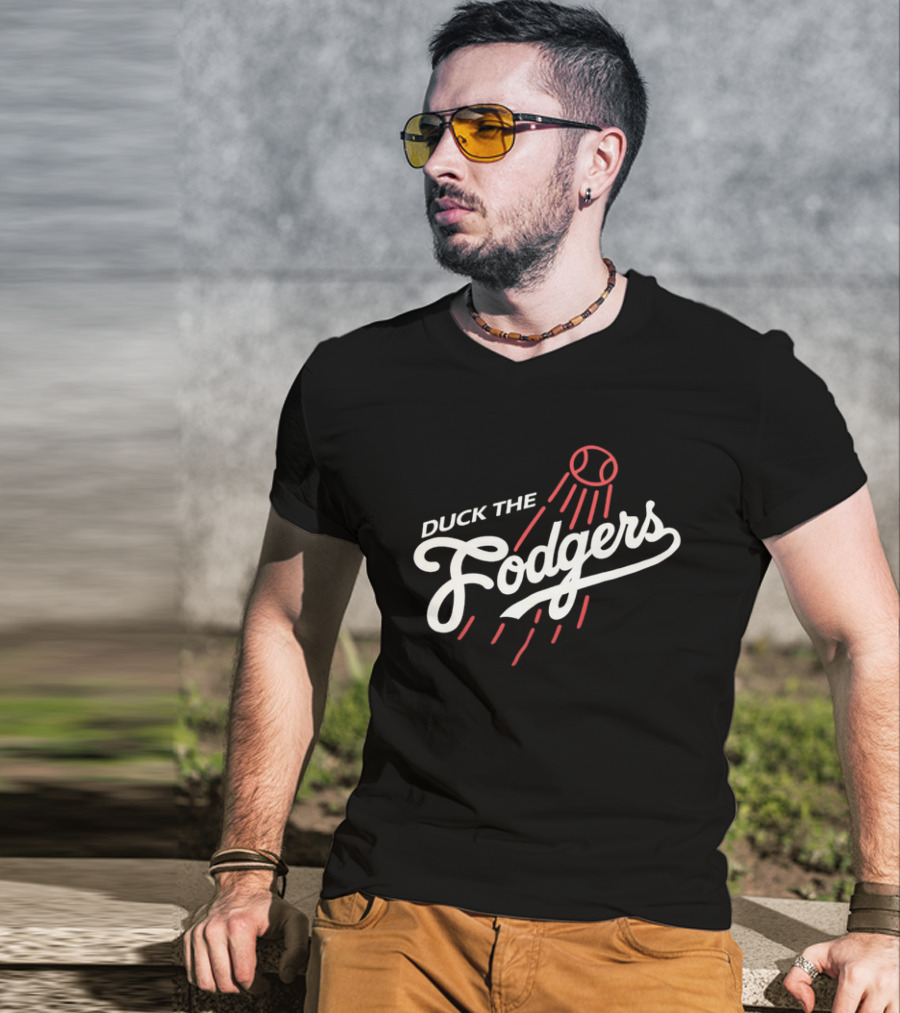 Duck The Fodgers White Script Flying Baseball Red Motion Lines T-Shirt