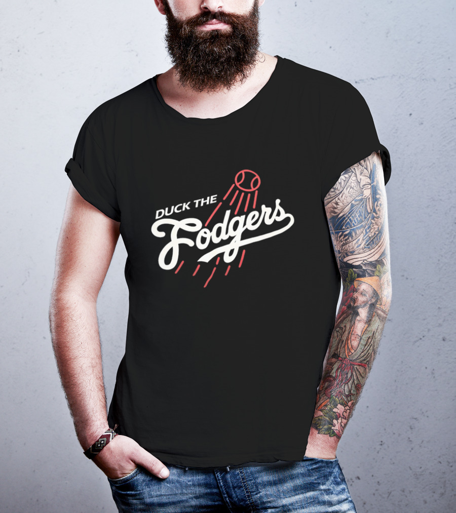 Duck The Fodgers White Script Flying Baseball Red Motion Lines T-Shirt